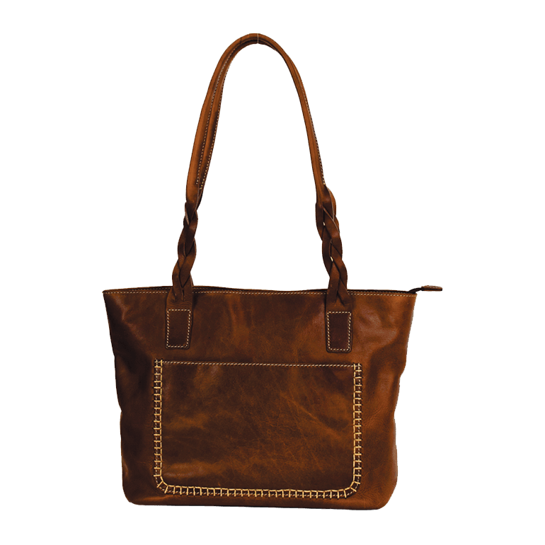 Brown leather handbag with braided handles on a white background - okotoks hc pharmacy