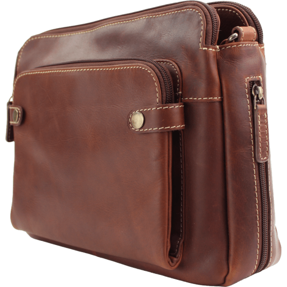 Brown leather bag with multiple compartments on a white background - okotoks hc pharmacy