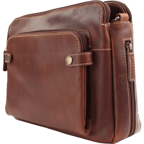Brown leather bag with multiple compartments on a white background - okotoks hc pharmacy