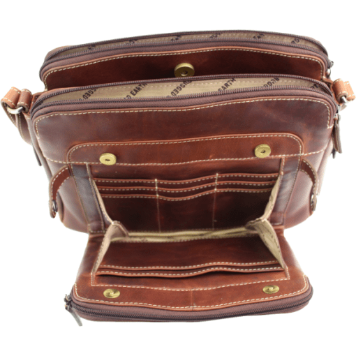 Brown leather bag with visible stitching and gold hardware on a white background - okotoks hc pharmacy