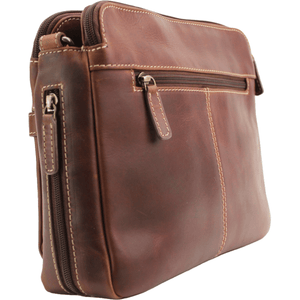 Brown leather bag with zippers on a white background - okotoks hc pharmacy