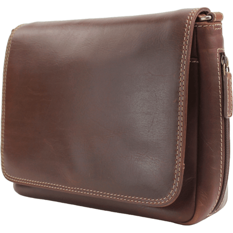 Brown leather bag with visible stitching on a white background - okotoks hc pharmacy