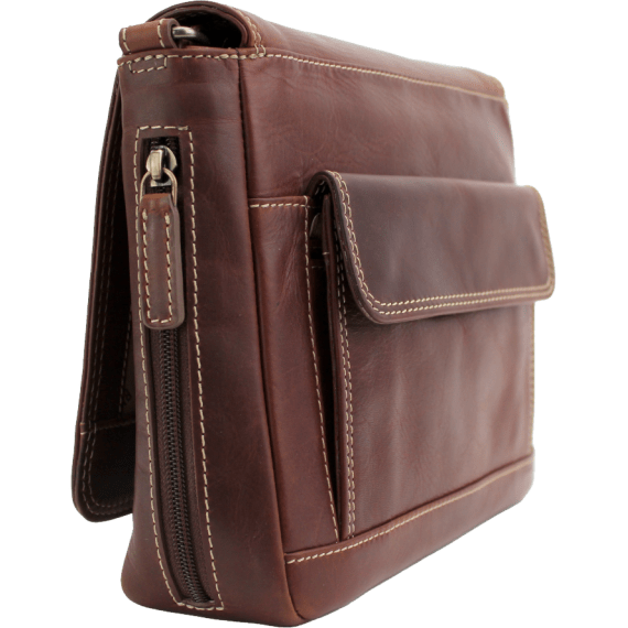 Brown leather briefcase with a flap and zipper on a white background - okotoks hc pharmacy