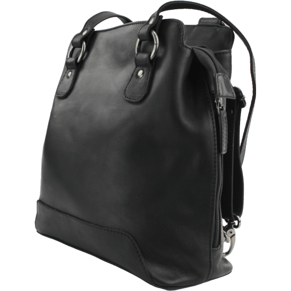 Black leather backpack on a white background - okotoks hc pharmacy