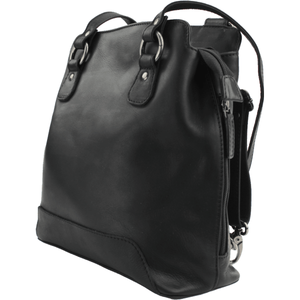 Black leather backpack on a white background - okotoks hc pharmacy