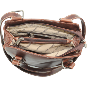 Brown leather handbag with open interior showing zippers and lining. - okotoks hc pharmacy