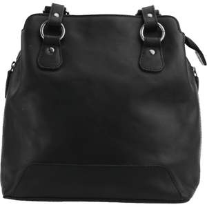 Black leather handbag with silver rings on a white background - okotoks hc pharmacy