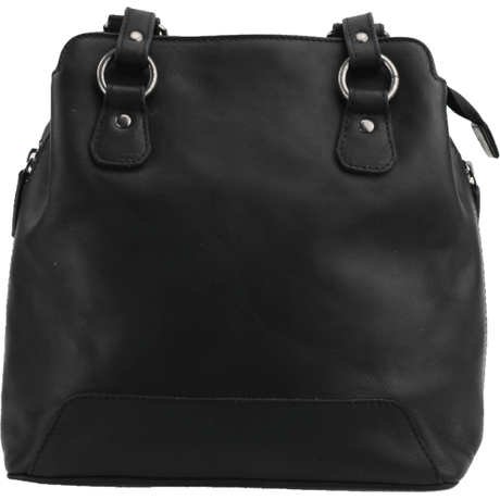 Black leather handbag with silver rings on a white background - okotoks hc pharmacy