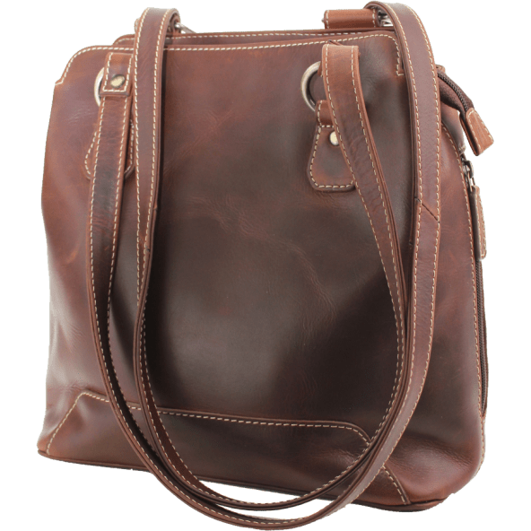 Brown leather handbag with a shoulder strap on a white background - okotoks hc pharmacy