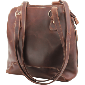 Brown leather handbag with a shoulder strap on a white background - okotoks hc pharmacy
