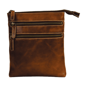 Brown leather pouch with multiple zippers on a white background - okotoks hc pharmacy