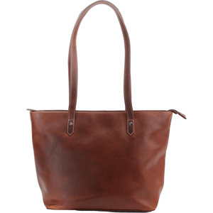 Brown leather tote bag with handles on a white background - okotoks hc pharmacy