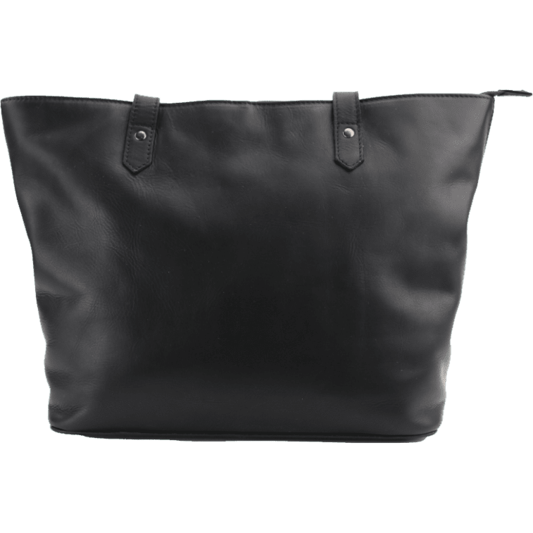 Black leather tote bag on a white background - okotoks hc pharmacy