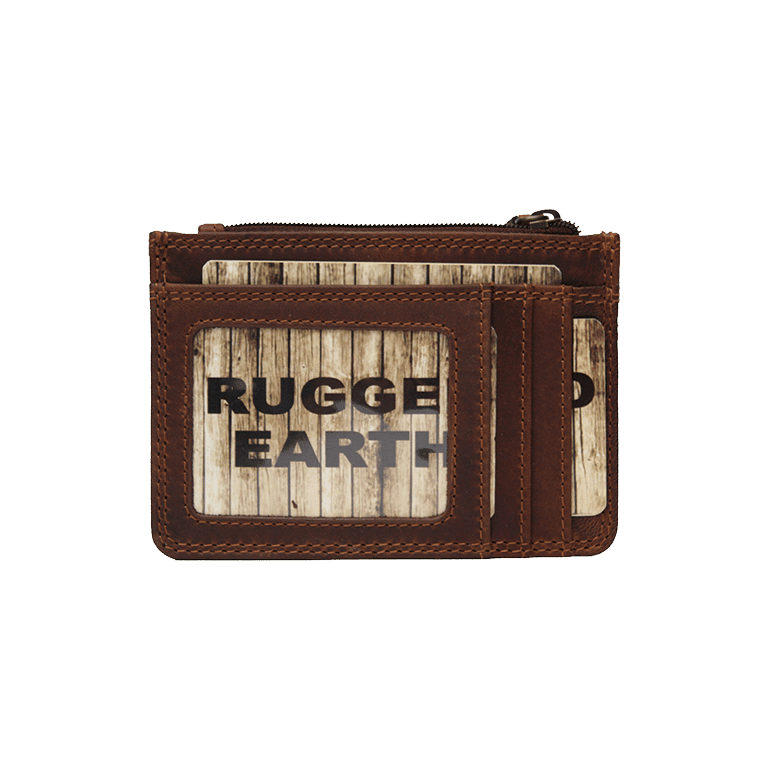 Brown leather wallet with wooden panel design and 'Rugge Earth' branding on a white background - okotoks hc pharmacy