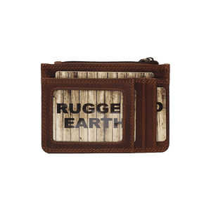 Brown leather wallet with wooden panel design and 'Rugge Earth' branding on a white background - okotoks hc pharmacy