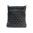 Black leather handbag with woven pattern on a black background - okotoks hc pharmacy