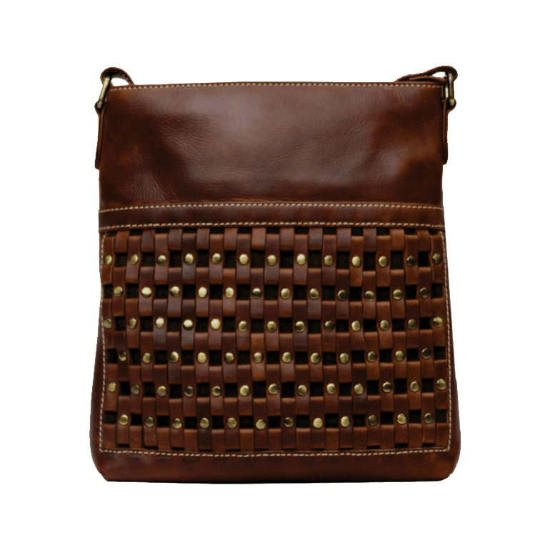 Brown leather crossbody bag with woven pattern and studs on a black background - okotoks hc pharmacy