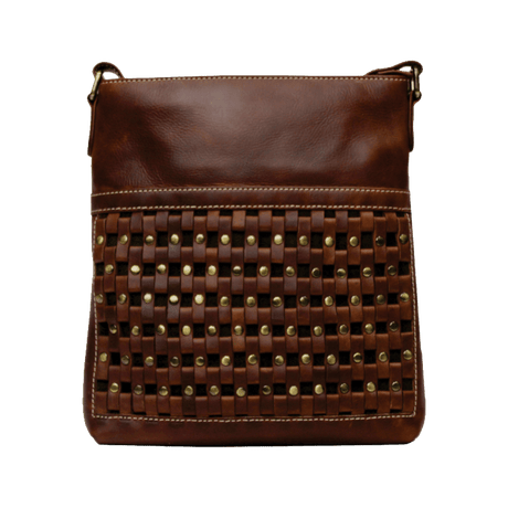 Brown leather crossbody bag with woven pattern and studs on a black background - okotoks hc pharmacy