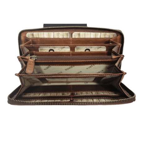 An open brown leather wallet with multiple card slots, zip compartments, and an interior lining - okotoks hc pharmacy
