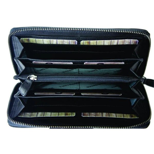 An open black zip-around wallet with multiple interior card slots and compartments, photographed against a plain white background. - okotoks hc pharmacy