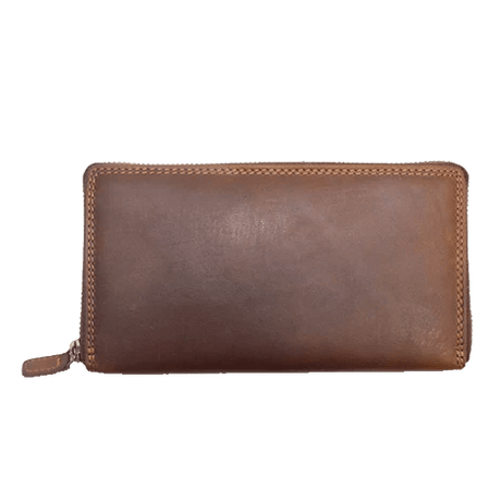 A brown leather zip-around wallet with visible stitching and a small leather pull tab, shown against a plain white background. - okotoks hc pharmacy