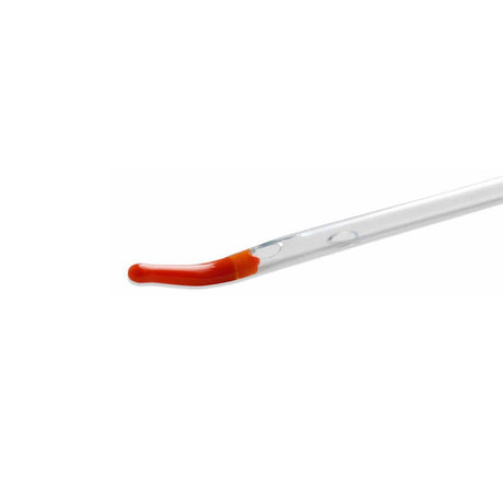 A clear glass dropper pipette with a curved orange-red bulb, shown diagonally on a solid white background. - okotoks hc pharmacy