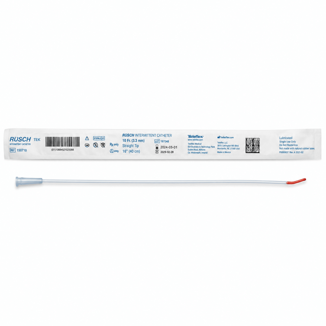 A packaged Rusch Intermetten catheter shown horizontally on a white background, with the long thin catheter visible below the printed sleeve. The product is mostly white and clear with a small red tip accent. - okotoks hc pharmacy