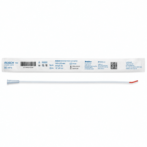 A packaged Rusch Intermetten catheter shown horizontally on a white background, with the long thin catheter visible below the printed sleeve. The product is mostly white and clear with a small red tip accent. - okotoks hc pharmacy