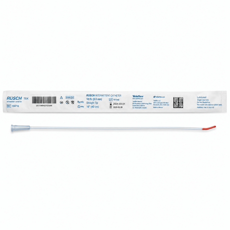A packaged Rusch Intermetten catheter shown horizontally on a white background, with the long thin catheter visible below the printed sleeve. The product is mostly white and clear with a small red tip accent. - okotoks hc pharmacy