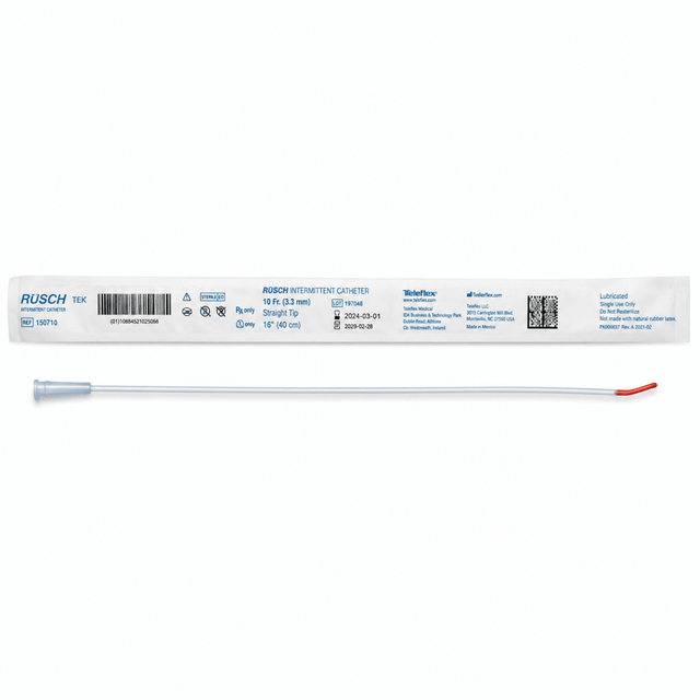 A packaged Rusch Intermetten catheter shown horizontally on a white background, with the long thin catheter visible below the printed sleeve. The product is mostly white and clear with a small red tip accent. - okotoks hc pharmacy