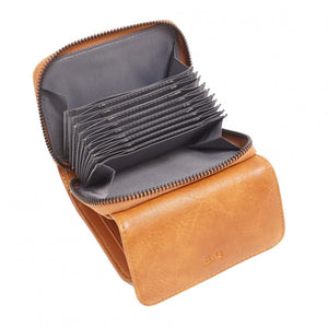 Brown leather cardholder with gray interior on a white background - okotoks hc pharmacy