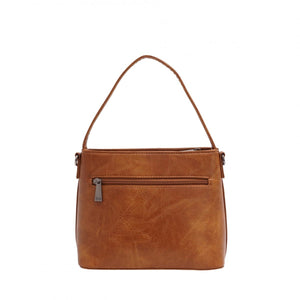 Brown leather handbag with a shoulder strap on a white background -okotoks hc pharmacy