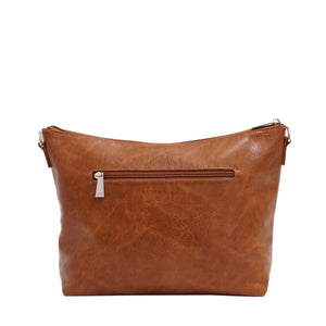 Brown leather handbag with a zipper on a white background - okotoks hc pharmacy