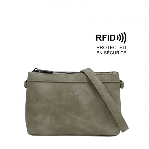 Green crossbody bag with RFID protection feature on a white background - okotoks hc pharmacy