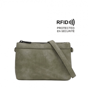 Green crossbody bag with RFID protection feature on a white background - okotoks hc pharmacy