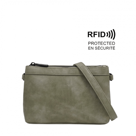 Green crossbody bag with RFID protection feature on a white background - okotoks hc pharmacy