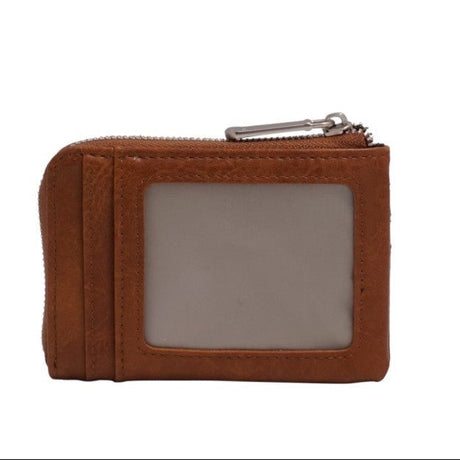 Brown leather wallet with a clear card holder on a white background - okotoks hc pharmacy