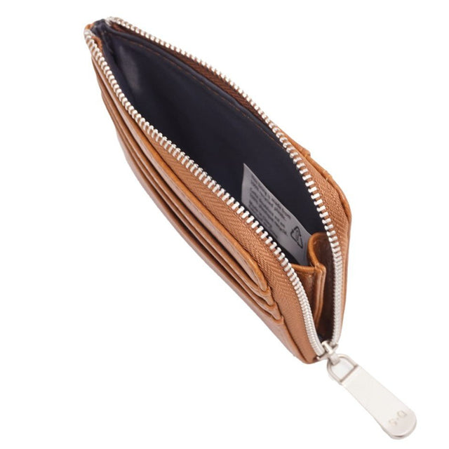 Brown leather wallet with a silver zipper on a white background - okotoks hc pharmacy