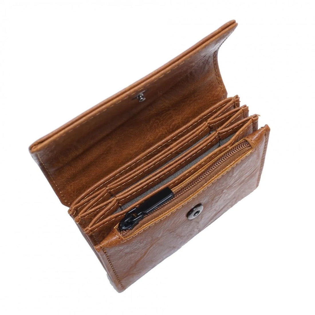 Brown leather wallet open on a white background - okotoks hc pharmacy