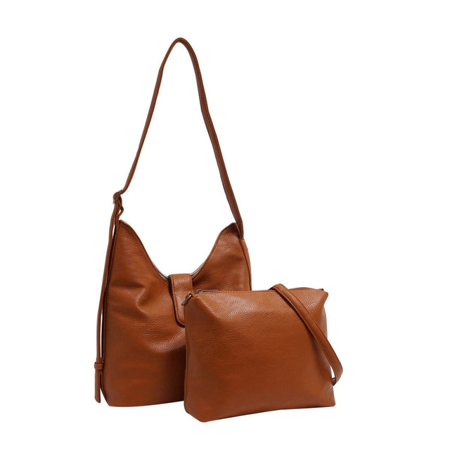 Brown leather handbag with matching pouch on a white background - okotoks hc pharmacy