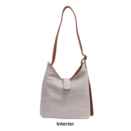 Light gray handbag with brown leather strap on a white background - okotoks hc pharmacy