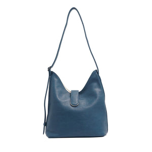 Blue leather handbag with a strap on a white background - okotoks hc pharmacy