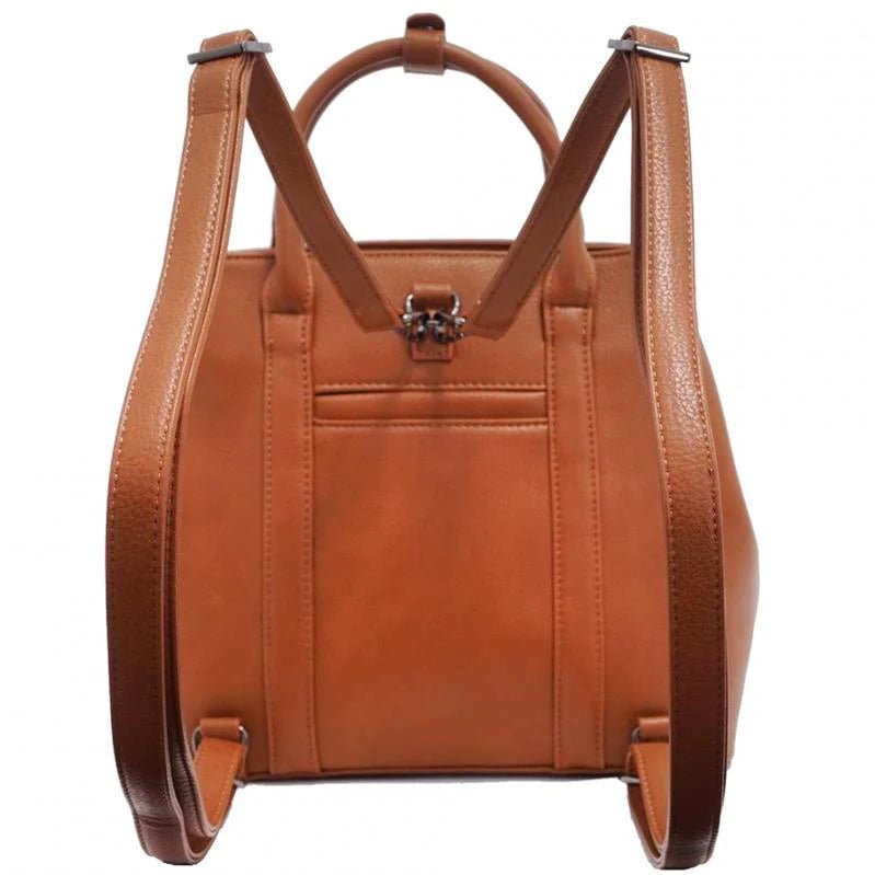 Brown leather backpack on a white background - okotoks hc pharmacy