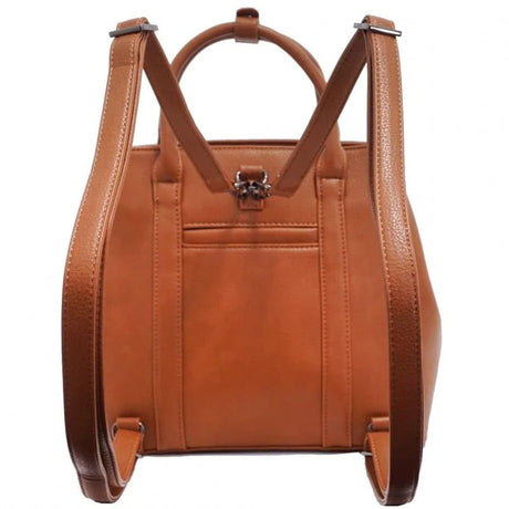 Brown leather backpack on a white background - okotoks hc pharmacy