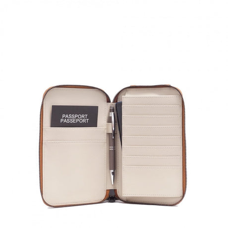 Beige travel wallet with a passport slot on a white background - okotoks hc pharmacy