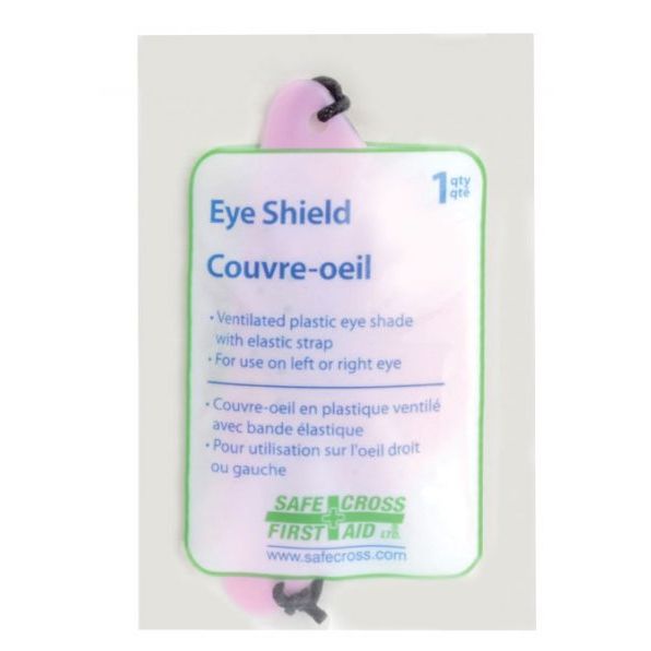 Eye shield packaging with text and Safe Cross First Aid logo on a white background - okotoks hc pharmacy