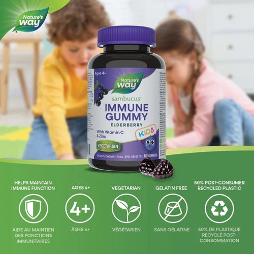 Nature's Way Sambucus Immune Gummy Elderberry bottle with children playing in the background - okotoks hc pharmacy