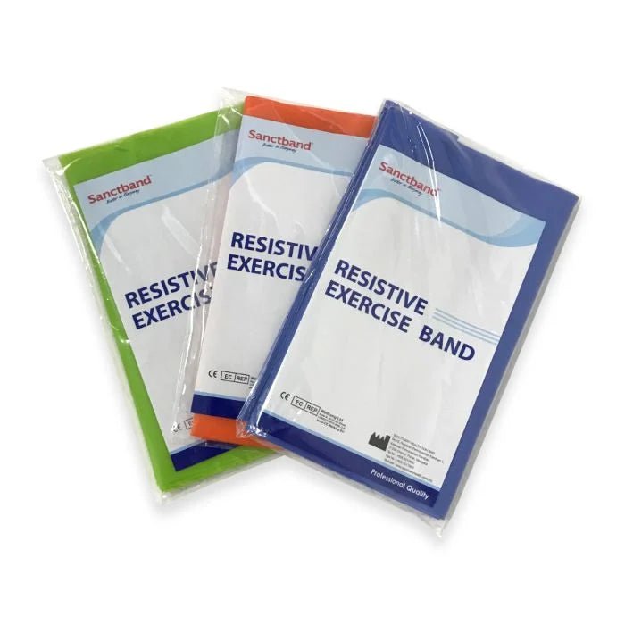 Three packages of Sancaband resistive exercise bands in green, blue, and orange on a white background. - okotoks hc pharmacy