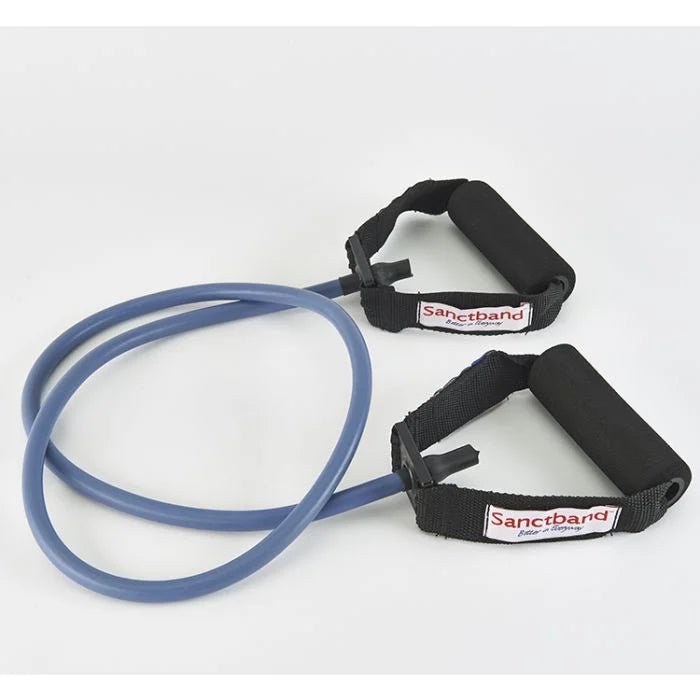 blue Resistance band with black handles on a white background - okotoks hc pharmacy
