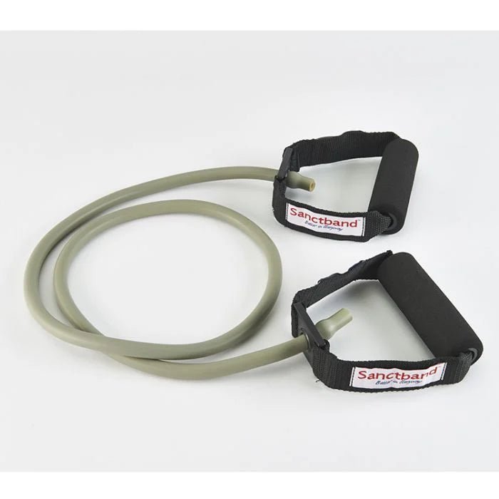 grey resistance bands with black handles on a white background, branded 'Sanctband'. - okotoks hc pharmacy